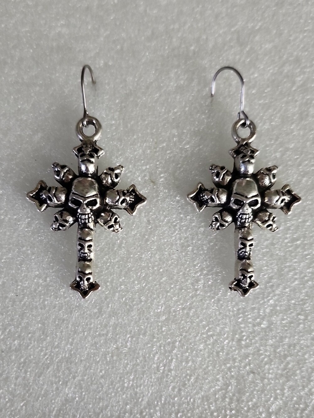 Hand Crafted Silver Skull Cross Dangle Earrings